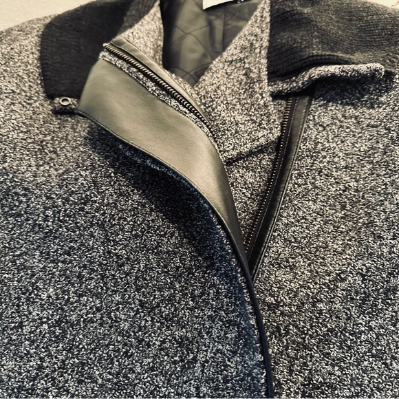 VINCE Black White Tweed Shawl Collar Asymmetric Zip Coat Ribbed Leather Size S - Picture 12 of 15